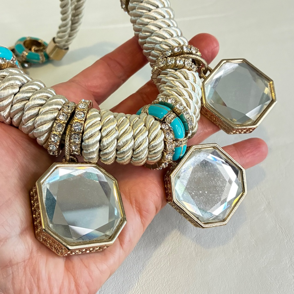 Chunky Statement Rope Necklace Rhinestone Faceted Mirror Pendants Gold Tone - Picture 14 of 16